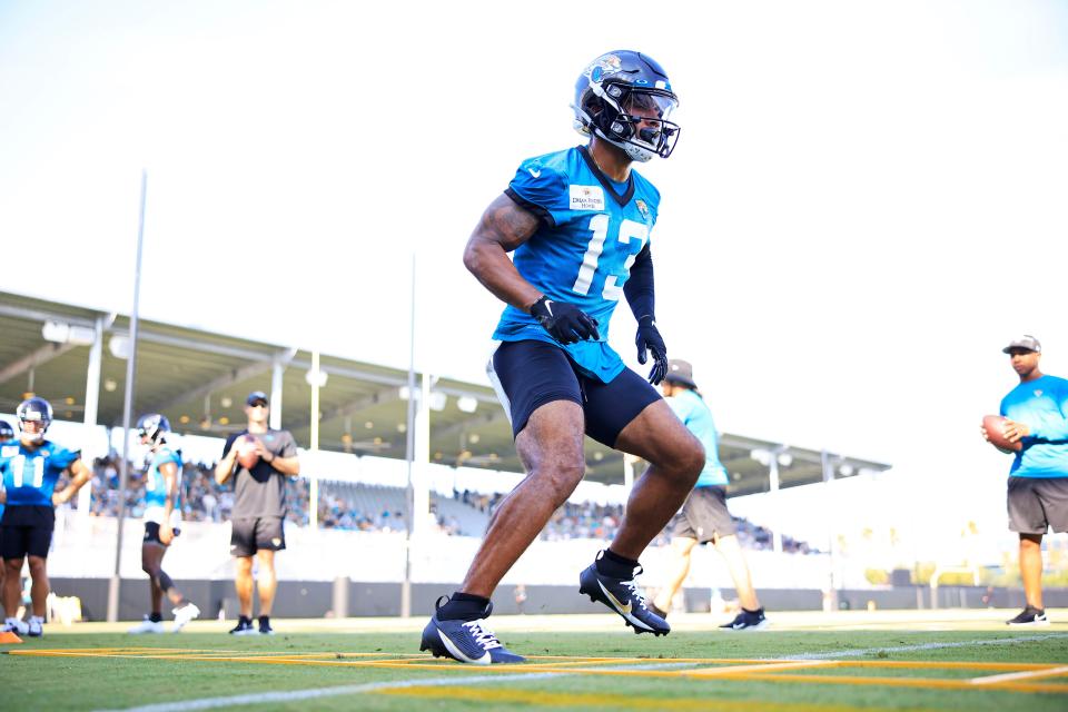 Jacksonville Jaguars wide receiver Christian Kirk (13) does ladder drills Wednesday, July 26, 2023 at Miller Electric Center at EverBank Stadium in Jacksonville, Fla. Today marked the first day of training camp for the Jacksonville Jaguars. 