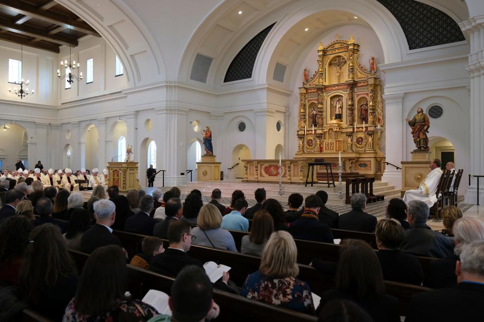 Archbishop Paul S. Coakley delivers the homily Friday at the Mass for the Dedication of a Church and Altar at the Blessed Stanley Rother Shrine.