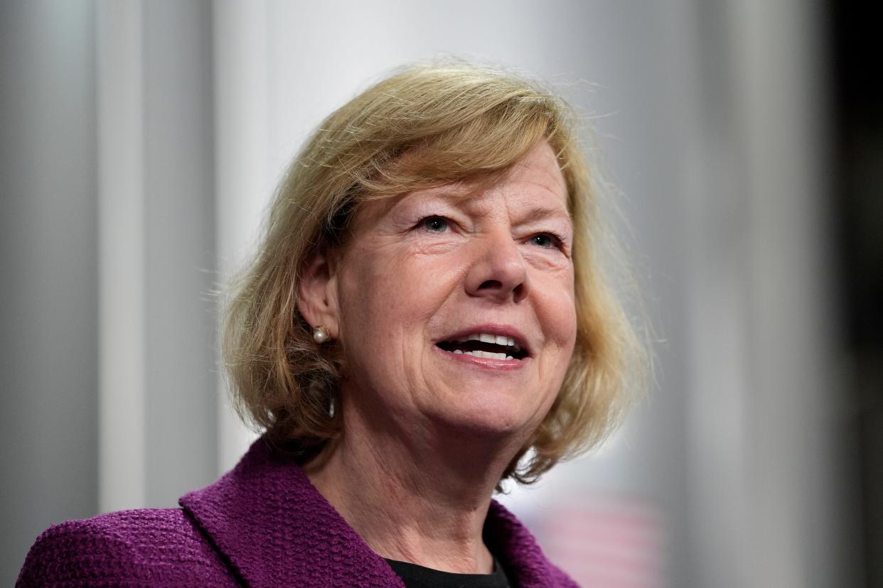 Sen. Tammy Baldwin, D-Wis., speaks before President Joe Biden at the Earth Rider Brewery, Thursday, Jan. 25, 2024, in Superior, Wis. Biden is returning to the swing state of Wisconsin to announce $5 billion in federal funding for upgrading the Blatnik Bridge and for dozens of similar infrastructure projects nationwide.