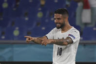 Italy's Lorenzo Insigne celebrates after scoring his side's third goal during the Euro 2020 soccer championship group A match between Italy and Turkey at the Olympic stadium in Rome, Friday, June 11, 2021. (Alberto Lingria/Pool Photo via AP)
