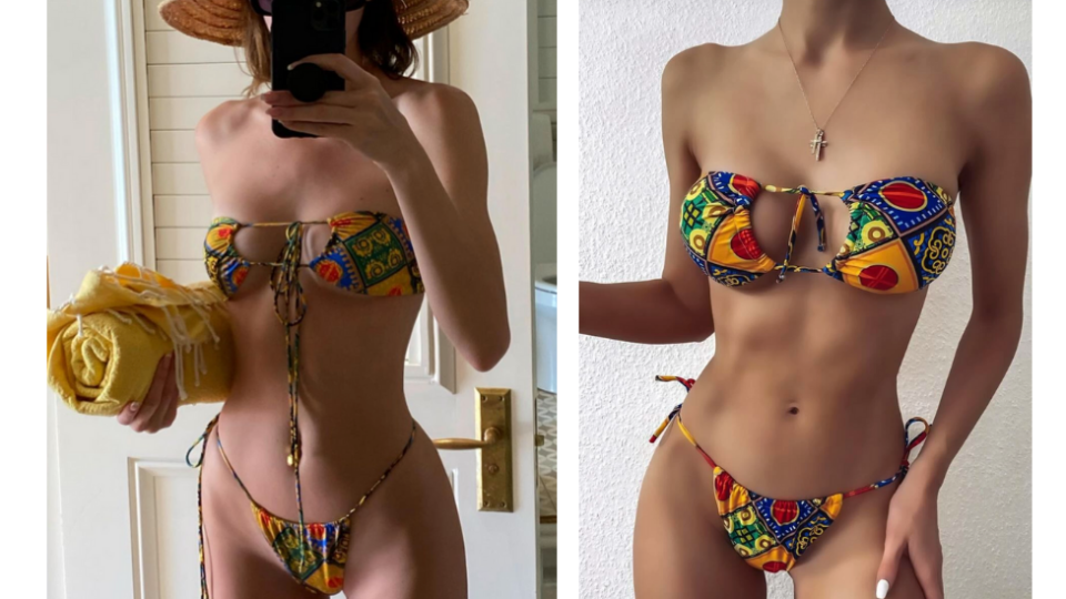 Kendall jenner in a sommer swim bikini alongside the $15 knock off by Shein