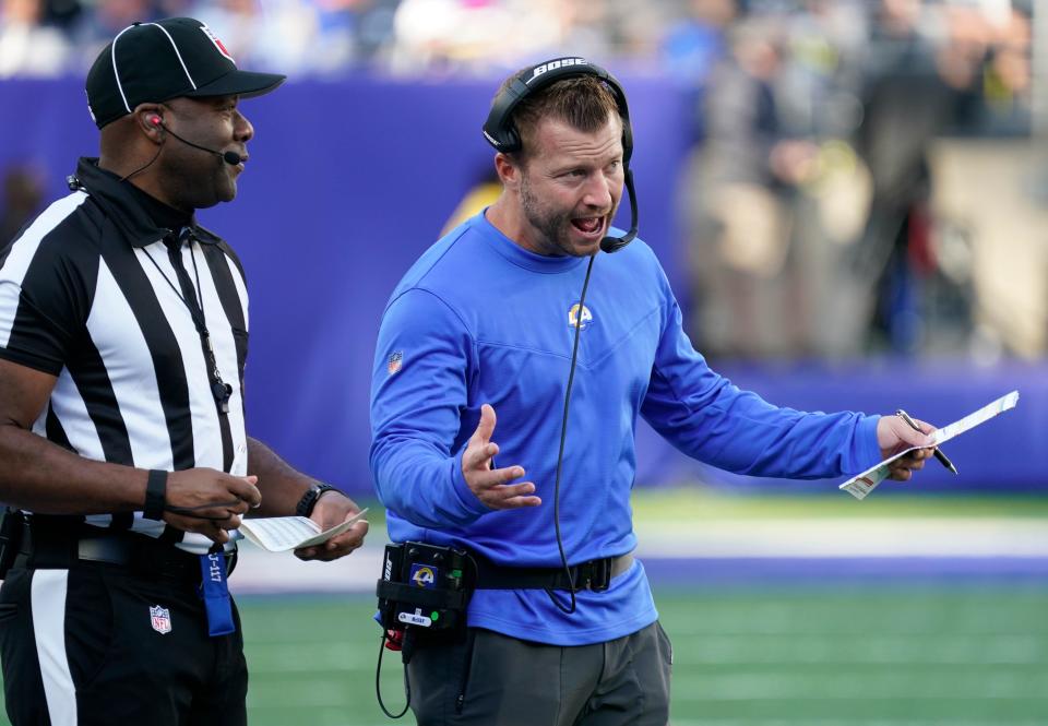 Los Angeles Rams head coach Sean McVay reacts during a game against the New York Giants at MetLife Stadium.