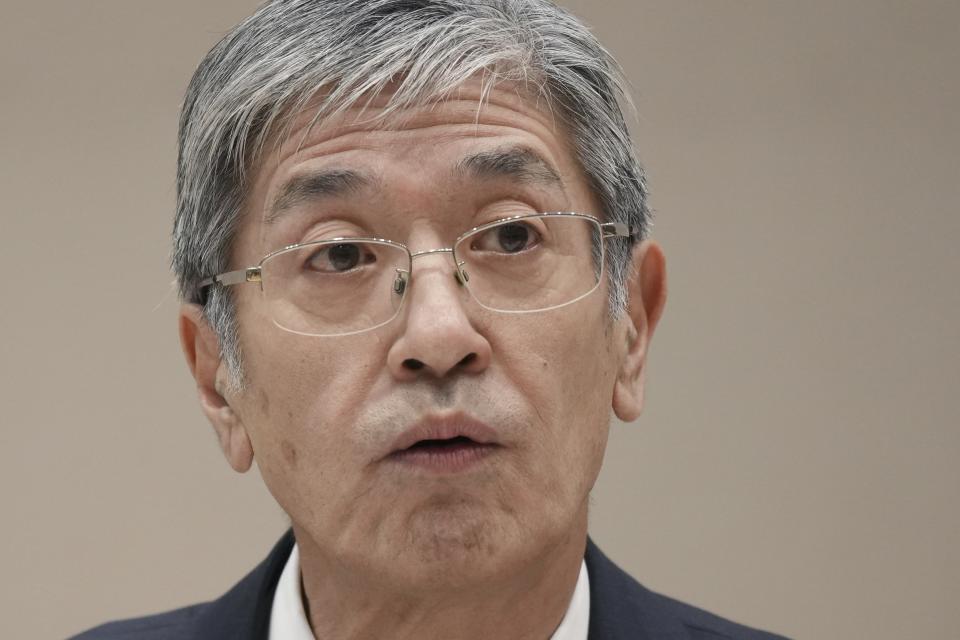 Yuji Akasaka, President and CEO of Japan Airlines speaks on a collision accident involving Japan Airlines Flight JL516 and Japan Coast Guard aircraft during a regular press conference in Tokyo, Wednesday, Jan. 17, 2024. Japan Airlines has named Mitsuko Tottori as its first woman president following a collision between one of its planes and a coast guard aircraft during Japanese New Year holidays that left five dead. Tottori will replace JAL president and CEO Yuji Akasaka, who will take over as chairman. (AP Photo/Eugene Hoshiko)