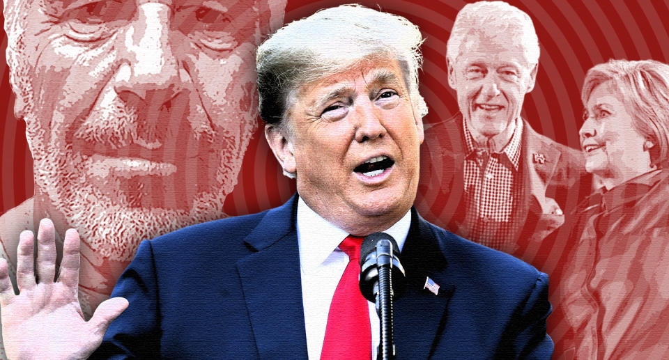 Jeffrey Epstein, Donald Trump, and Bill and Hillary Clinton. (Photo illustration: Yahoo News; photos: New York State Sex Offender Registry via AP, AP(3), Getty Images)