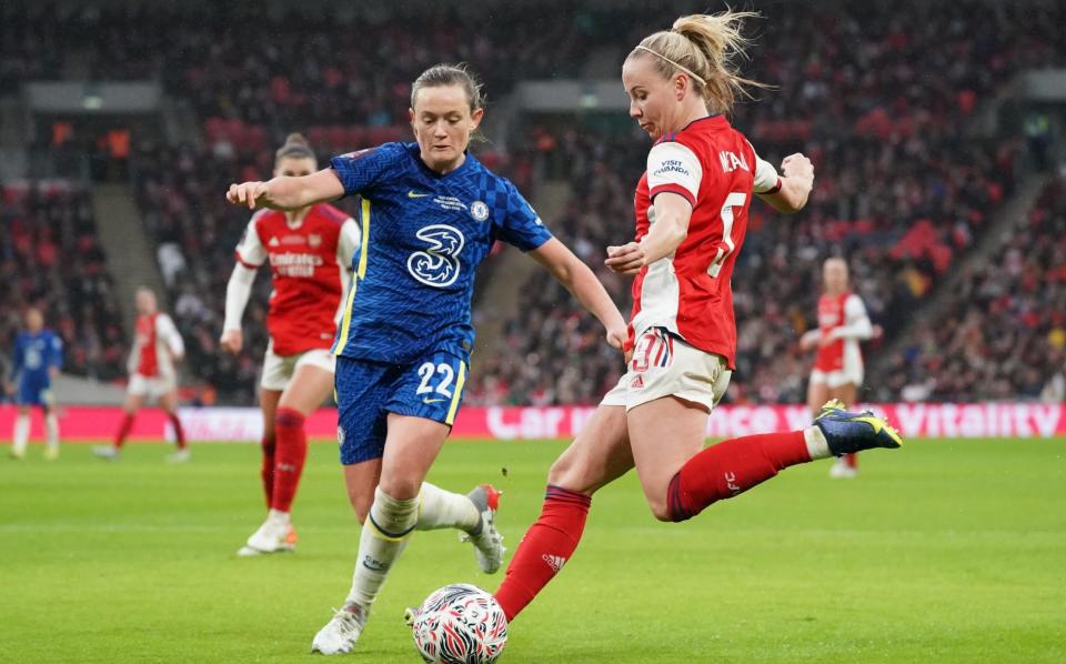  Arsenal's Beth Mead under pressure from Chelsea's Erin Cuthbert during the Vitality Women's FA Cup Final match between Arsenal Women and Chelsea Women - Getty Images