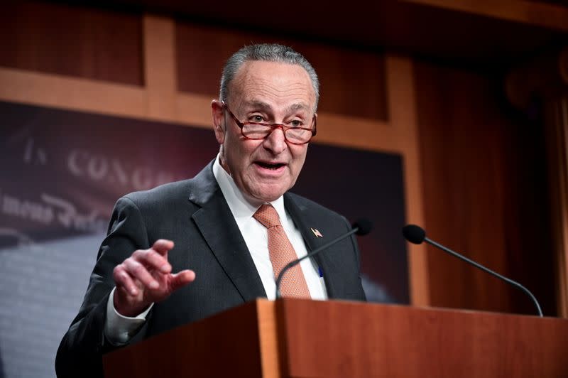 Senate Minority Leader Schumer speaks during a news conference at the U.S. Capitol in Washington