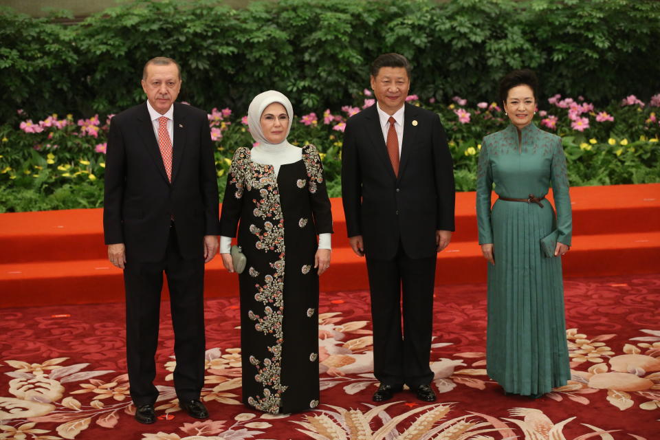 Turkish President Recep Tayyip Erdogan with his wife Emine and Chinese President Xi Jinping at the Belt and Road Forum for International Cooperation in Beijing on May 14, 2017. (Mikhail Svetlov / Getty Images file)
