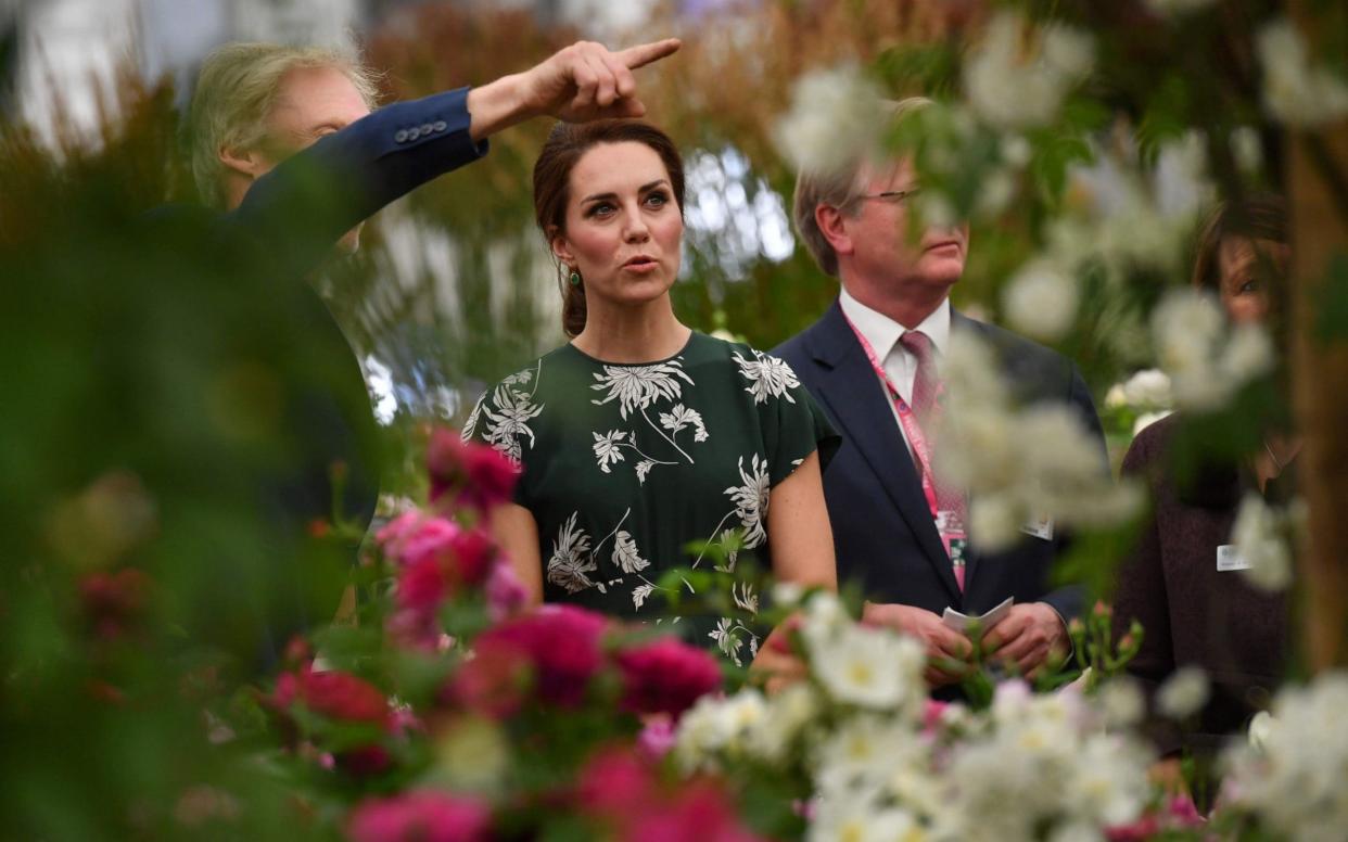 The Duchess of Cambridge views a display of David Austin roses at the Chelsea Flower Show - AFP