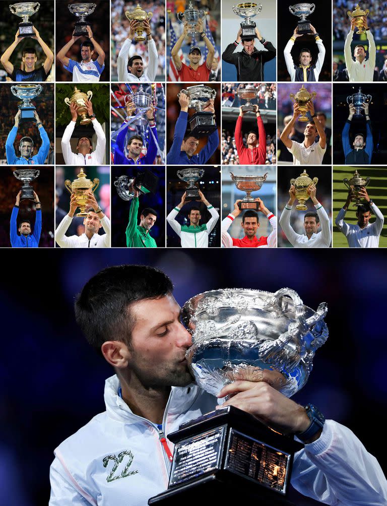 Novak Djokovic con cada uno de los Grand Slams que ganó; alcanzó a Rafael Nadal con 22