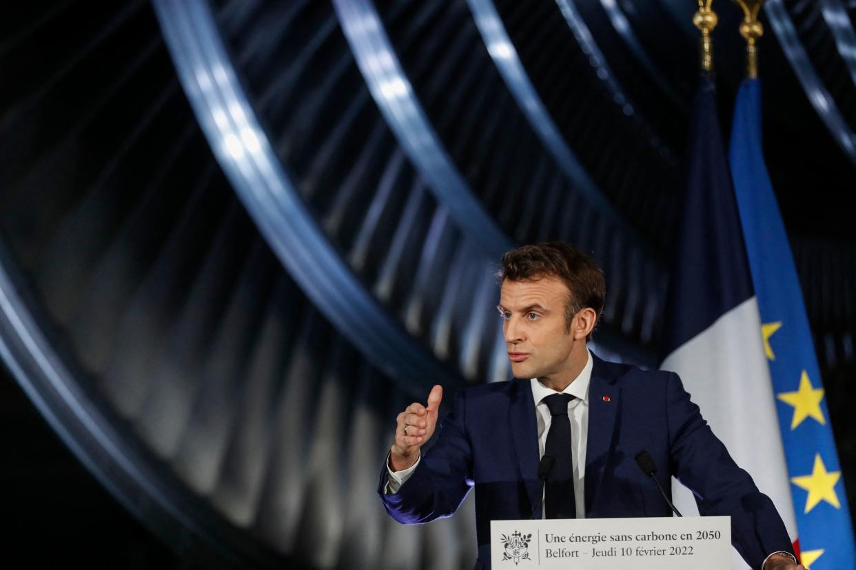French President Emmanuel Macron speaks at the GE Steam Power System main production site for its nuclear turbine systems.