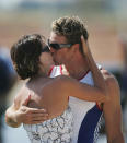 James Cracknell of Great Britain kisses his wife Beverly Turner after receiving his Gold medal for the men's four rowing event on August 21, 2004 during the Athens 2004 Summer Olympic Games at the Schinias Olympic Rowing and Canoeing Centre in Athens, Greece. (Photo by Shaun Botterill/Getty Images)