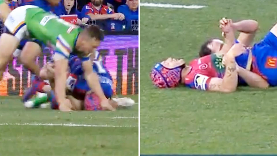 Kalyn Ponga, pictured here after his head hit the ground.