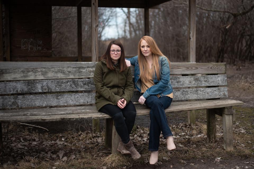 Michelle Poulsen, 38, of Buffalo and Joy McCullough, 38, of Belleville, Illinois, allege that Wayne Aarum's physical and verbal behavior toward them was inappropriate and abusive while they were youth group members at The Chapel in the late 1990s. They were photographed in Buffalo on April 3.