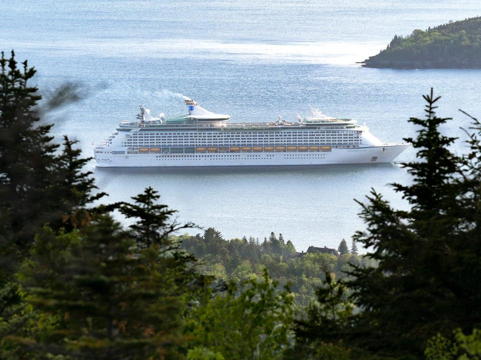 The cruise ship Adventure of the Seas sits off Bar Harbor on Mount Desert Island on Monday, June 4, 2018.