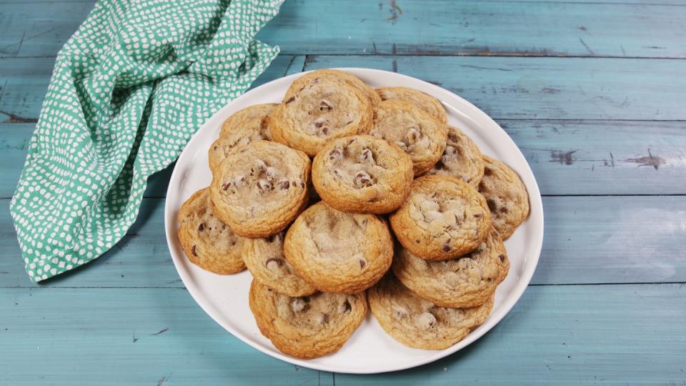 <p><a href="https://www.delish.com/restaurants/g3603/best-chocolate-chip-cookies/" rel="nofollow noopener" target="_blank" data-ylk="slk:Chocolate chip cookies;elm:context_link;itc:0;sec:content-canvas" class="link ">Chocolate chip cookies</a>, the across-the-board favorite in any cookie poll, were <a href="https://www.delish.com/food-news/a49236/toll-house-cookie-dough-fun-facts/" rel="nofollow noopener" target="_blank" data-ylk="slk:invented in Massachusetts;elm:context_link;itc:0;sec:content-canvas" class="link ">invented in Massachusetts</a> in 1938, which explains why it's still the official state cookie. It's hard to beat the combination of melty, semi-sweet morsels in a soft-centered, sugary dough.</p><p>Get the recipe from <a href="https://www.delish.com/cooking/recipes/a53304/duff-goldman-chocolate-chip-cookies-recipe/" rel="nofollow noopener" target="_blank" data-ylk="slk:Delish;elm:context_link;itc:0;sec:content-canvas" class="link ">Delish</a>.</p>