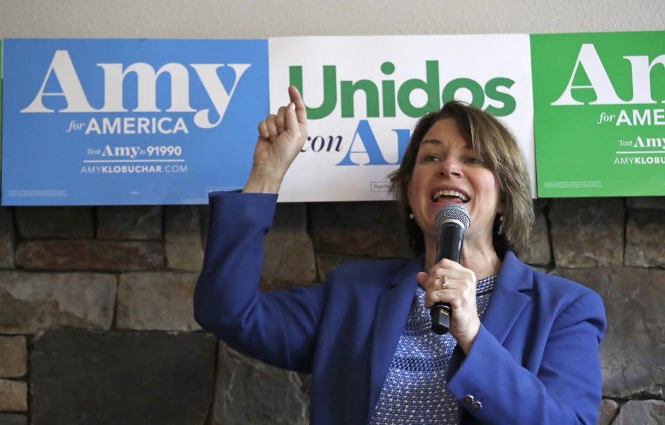 Democratic presidential candidate Sen. Amy Klobuchar, D-Minn., speaks to supporters inside a coffee shop during a campaign event Monday, Sept. 30, 2019, in Seattle. (AP Photo/Elaine Thompson)