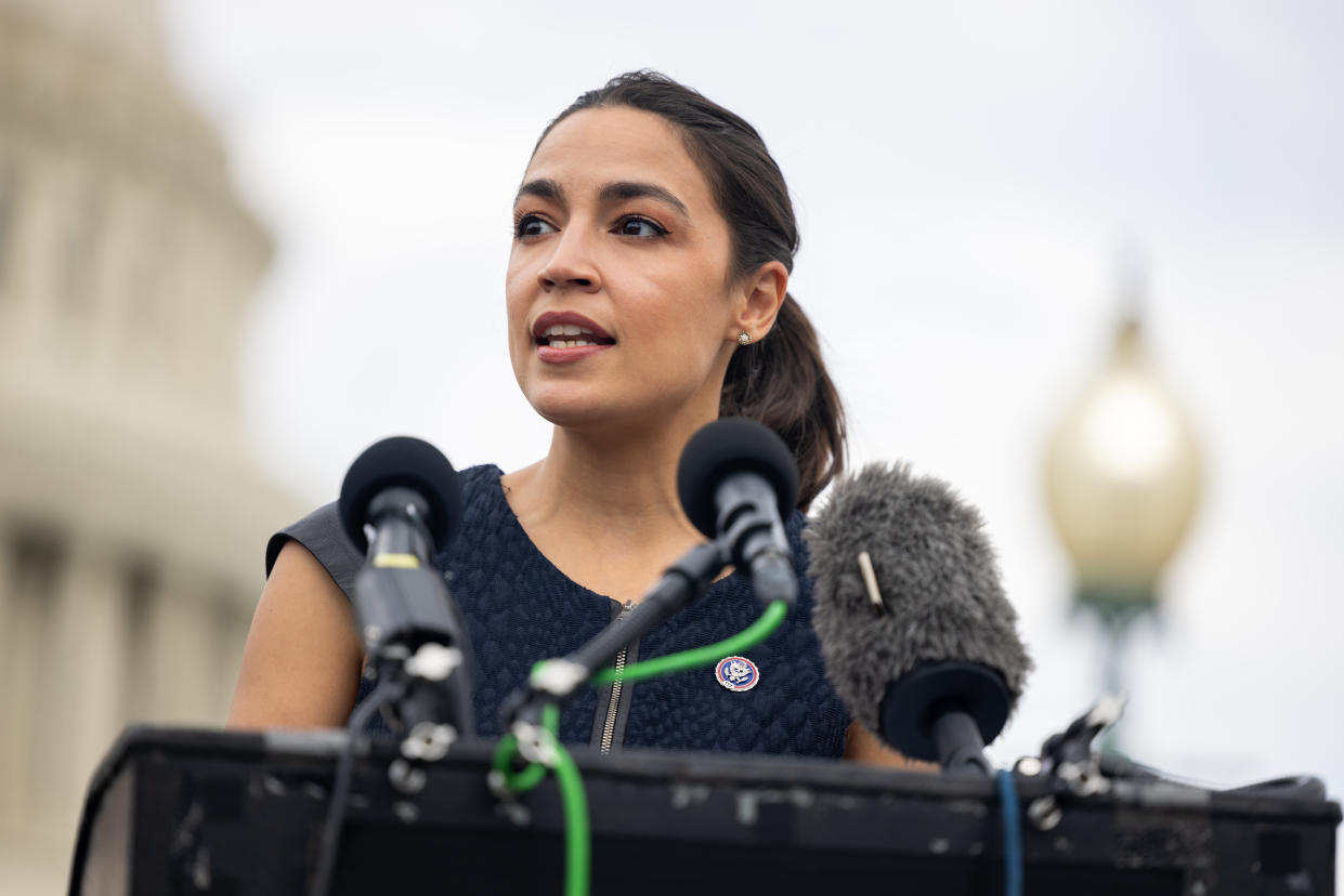 WASHINGTON, US - JULY 28: Family members and friends of slain Al Jazeera journalist Shireen Abu Akleh are seen as Rep. Alexandria Ocasio-Cortez (D-NY) speaks in front of the U.S. Capitol on July 28th, 2022 as they push for a U.S. investigation of the journalistâs killing. (Photo by Nathan Posner/Anadolu Agency via Getty Images)