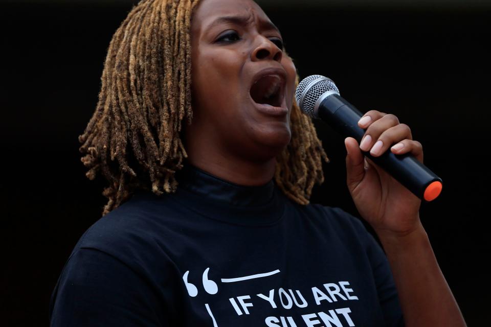 Florida Rep. Angie Nixon speaks Monday, Aug. 28, 2023 at James Weldon Johnson Park in downtown Jacksonville, Fla. In light of the recent shooting at the Dollar General, that left three African-American individuals dead, hundreds came out to rally against white supremacy.