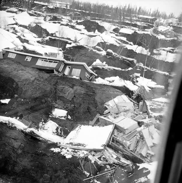 PHOTO: In this March 29, 1964, file photo, cliffside homes lie in ruins in the Turnagin residential section of Anchorage, Alaska. (Bettmann Archive/Getty Images, FILE)