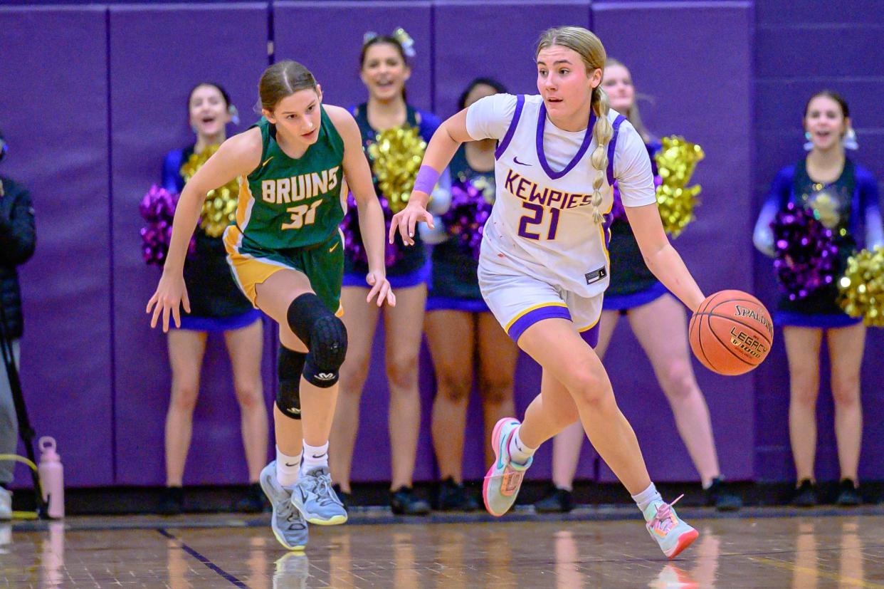 Hickman's Ashtyn Klusmeyer (21) gets the break away from Rock Bridge's Mari Miller (31) during a game at Hickman High School on January 26, 2023, in Columbia, Mo.