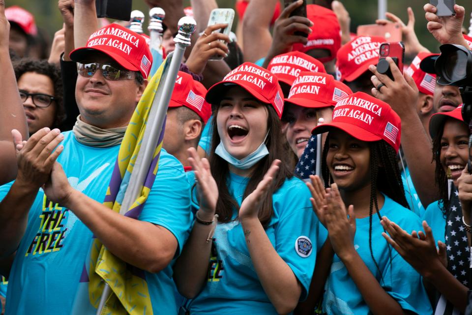 Supporters of President Donald Trump rally at The Ellipse, before entering to The White House, where Trump will hold an event on the South lawn on Saturday, Oct. 10, 2020, in Washington.