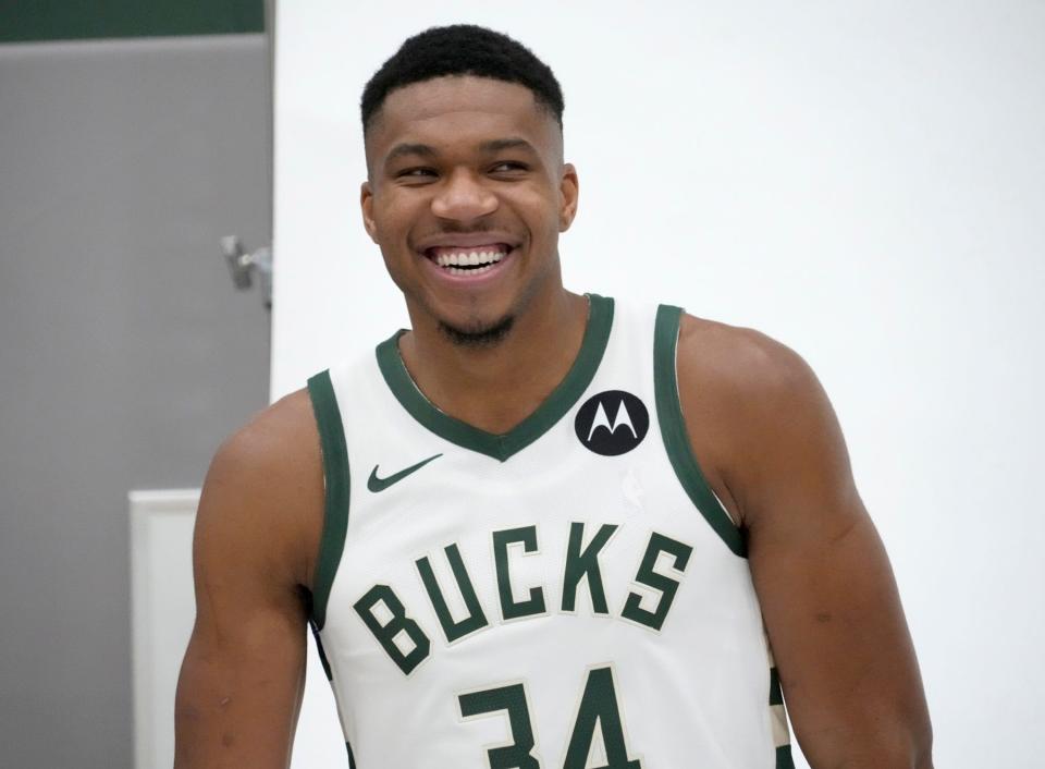 Milwaukee Bucks forward Giannis Antetokounmpo jokes around during the Milwaukee Bucks media day Oct. 2.