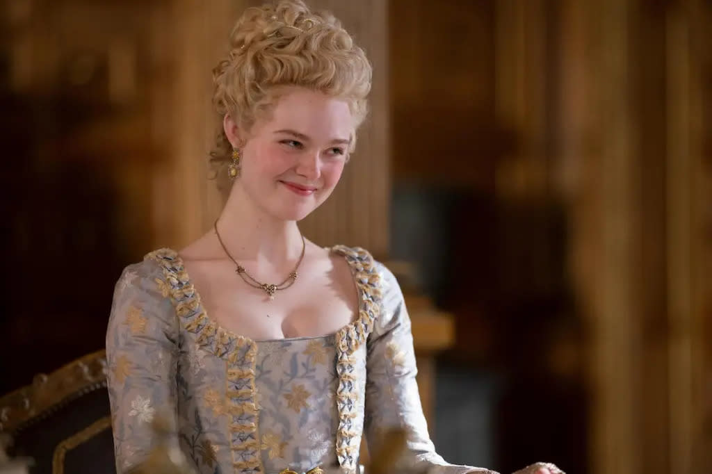 The Great -- "Choose Your Weapon" - Episode 302 -- Catherine is visited by the UK and US Ambassadors both wanting her to intervene in the War of Independence. Maxim takes issue with the public displays of affection between Grigor and Marial. Catherine (Elle Fanning), shown. (Photo by: Christopher Raphael/Hulu)