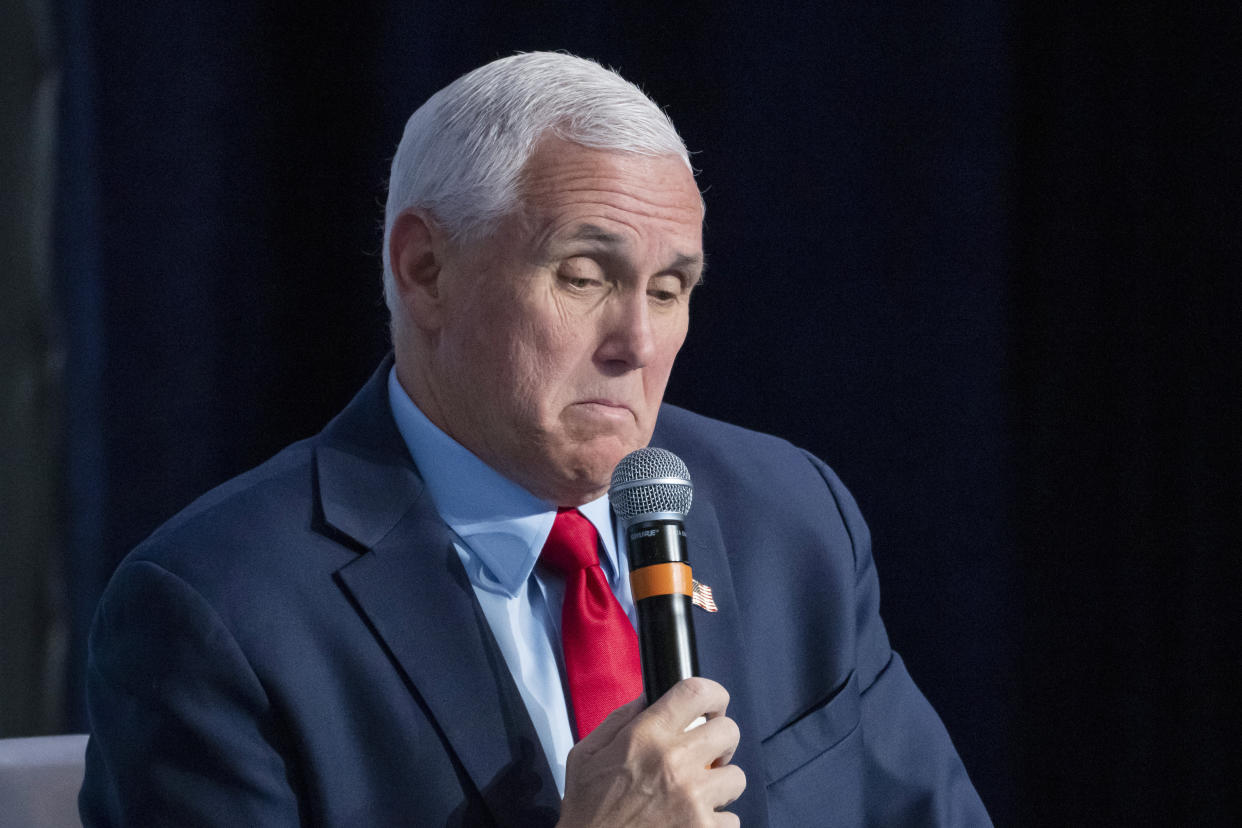 Former Vice President Mike Pence speaks at the National Review Ideas Summit on March 31 in Washington, D.C. 