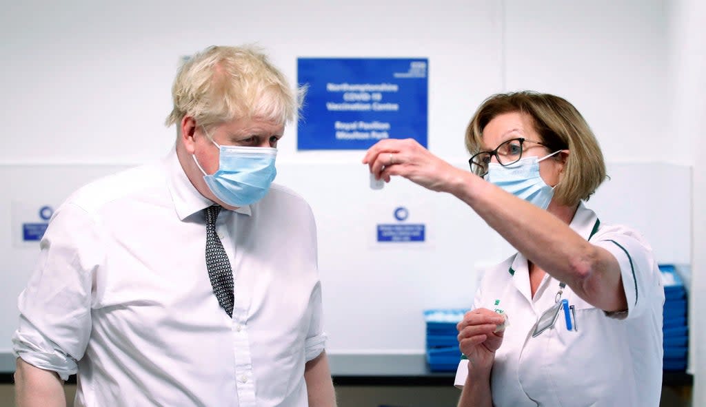 Prime Minister Boris Johnson during a visit to a vaccination centre in Northamptonshire (Peter Cziborra/Reuters/Pool/PA) (PA Wire)