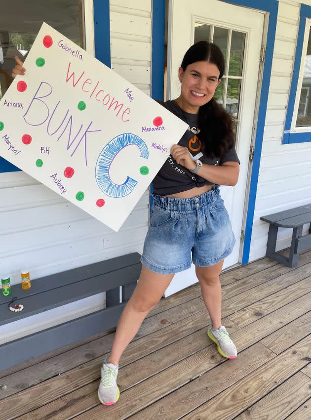 The author welcoming campers during her stint as a counselor for grieving children during her year of Grieve Leave.