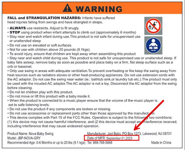 <p>US Consumer Product Safety Commission</p> Warning label on Jool Baby Nova Baby Infant Swing.