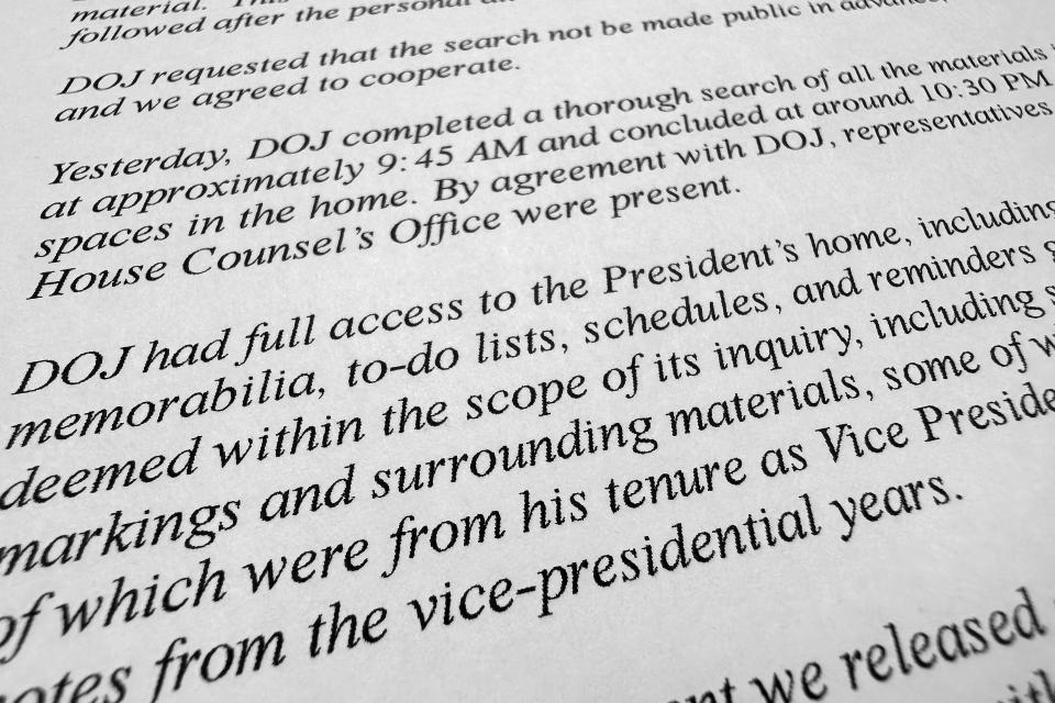 The statement by President Joe Biden's personal attorney Bob Bauer is photographed on Saturday, Jan. 21, 2023. Another search, this one by the FBI at Biden's home in Wilmington, Del., has turned up more documents containing classified markings. Bauer says in the statement that the Jan. 20 search overseen by the Justice Department lasted nearly 13 hours. (AP Photo/Jon Elswick)