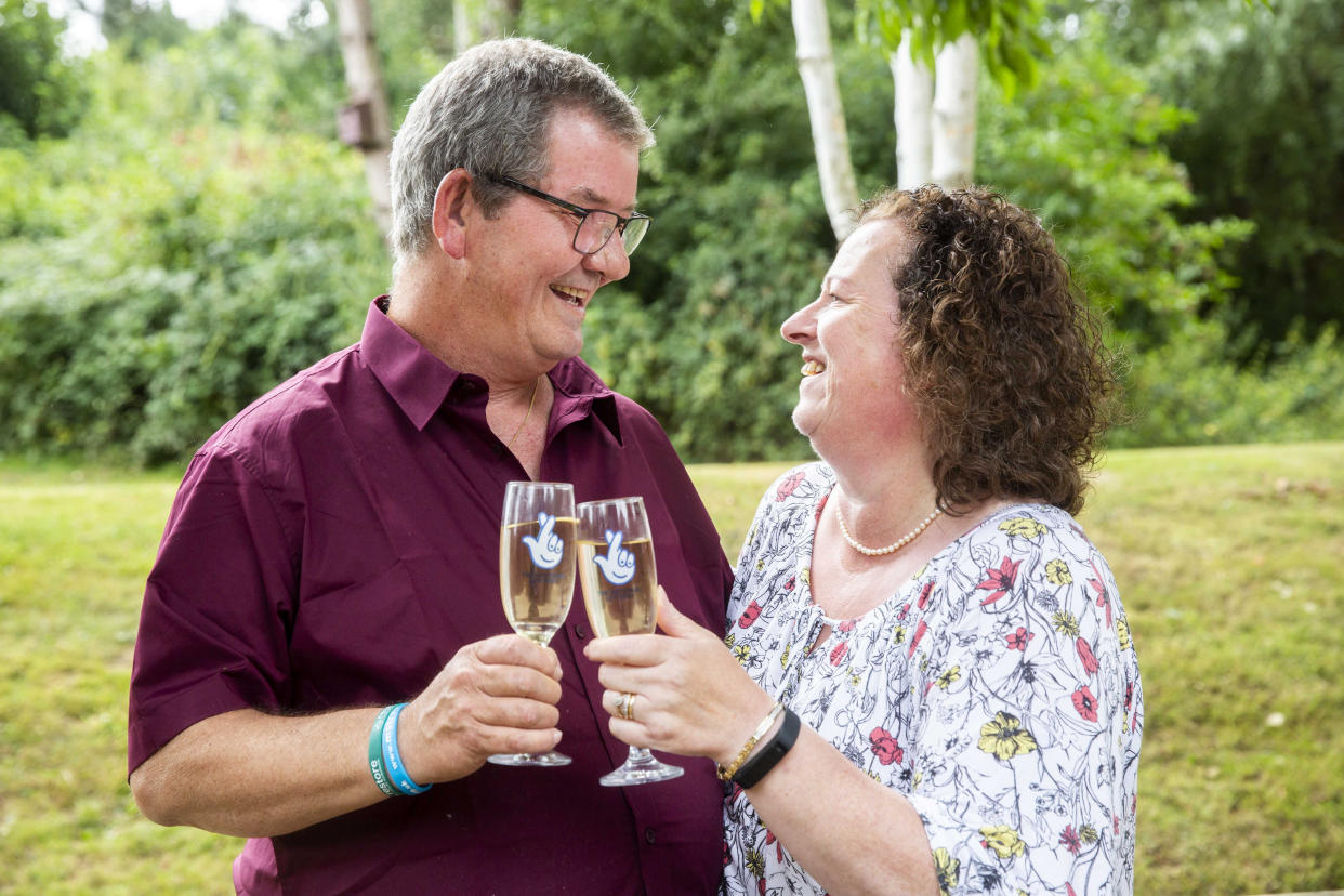 David and Shelley Adams celebrate their £1million win after a year of setbacks (SWNS)