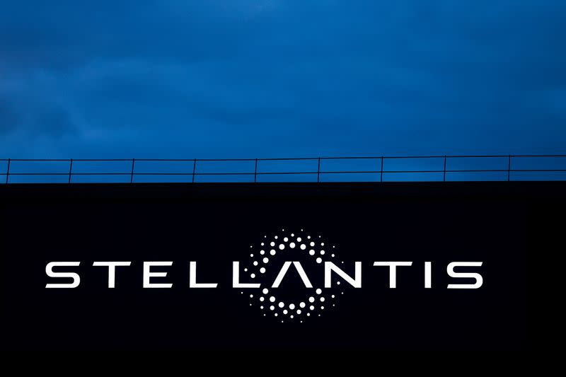 The logo of Stellantis is seen on a company's building in Velizy-Villacoublay near Paris