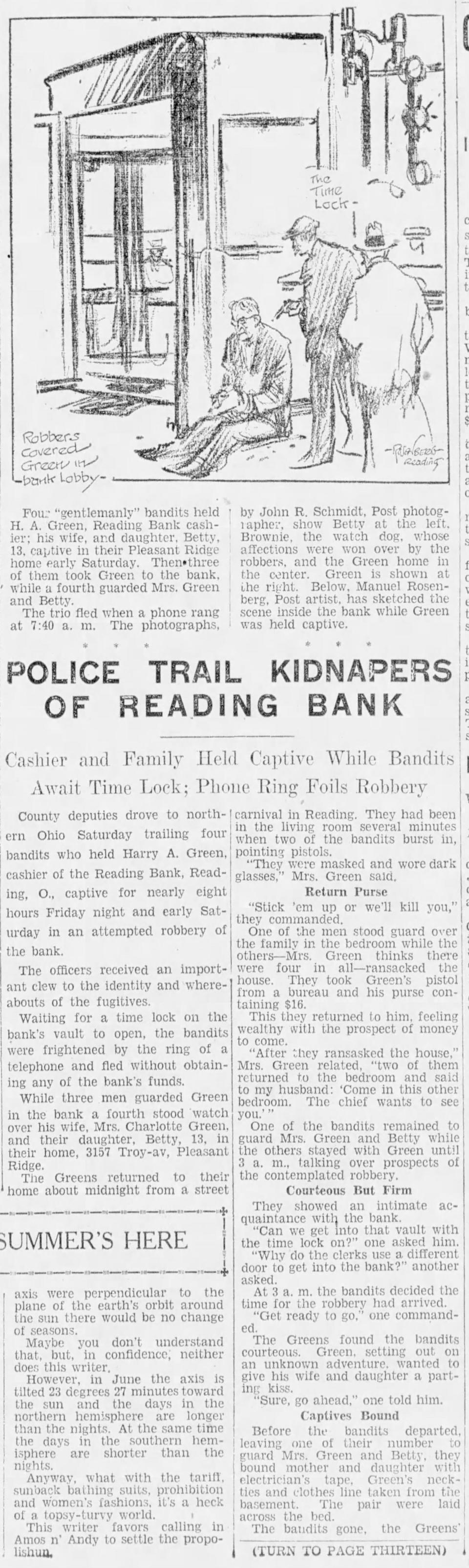 The Cincinnati Post coverage on the Reading bank robbery on June 21, 1930, includes an illustration of the robbers keeping cashier Harry Green at gunpoint.