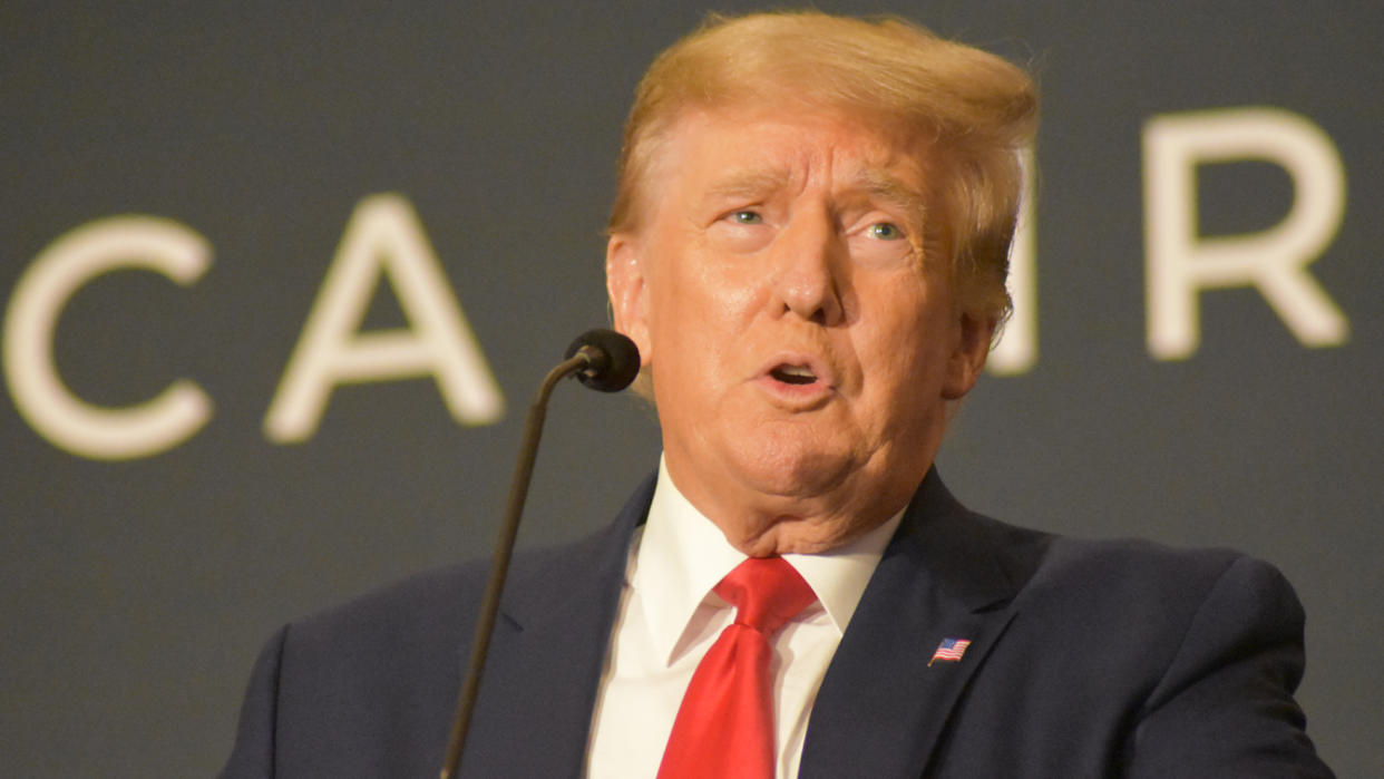 Donald Trump, wearing a navy suit with red tie and American flag lapel pin, speaks into a microphone.