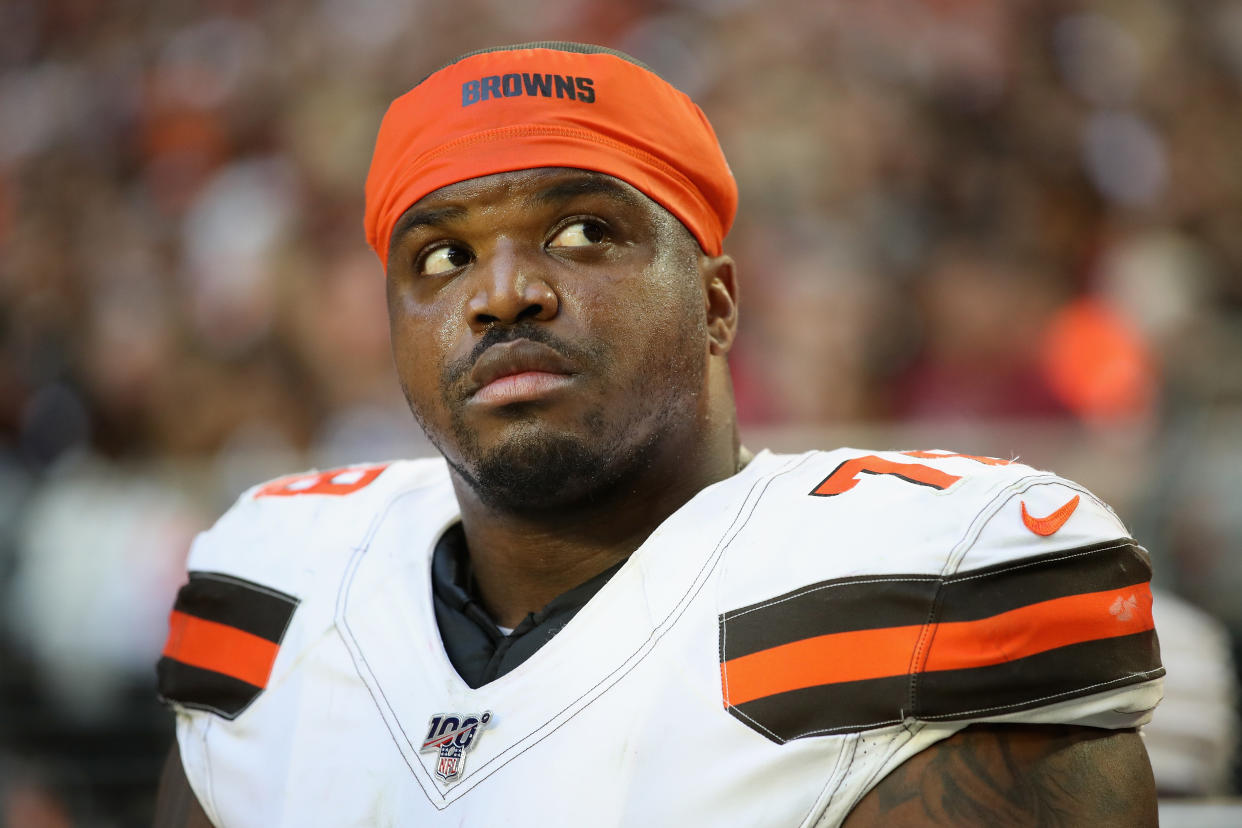 GLENDALE, ARIZONA - DECEMBER 15: Offensive tackle Greg Robinson #78 of the Cleveland Browns on the bench during the second half of the NFL game against the Arizona Cardinals at State Farm Stadium on December 15, 2019 in Glendale, Arizona. The Cardinals defeated the Browns 38-24. (Photo by Christian Petersen/Getty Images)