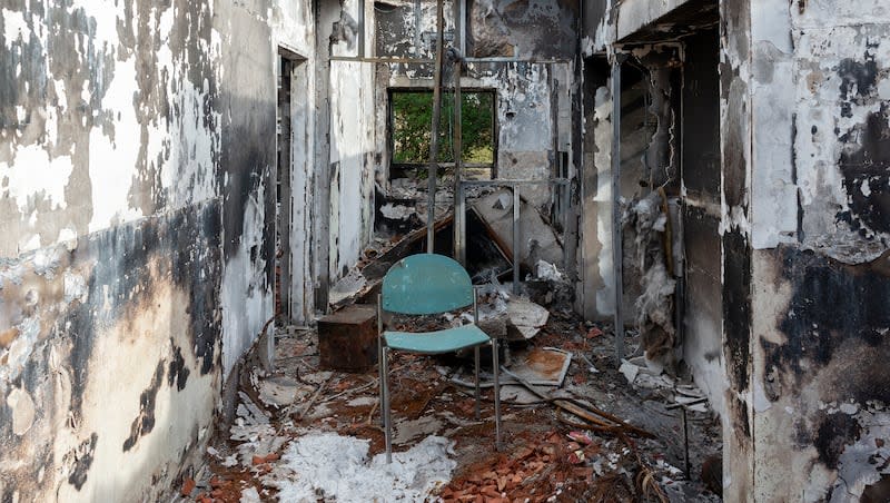 The interior of a home following the October 7, 2023 attack by Hamas on Kibbutz Be’eri, which sustained some of the worst destruction that day.