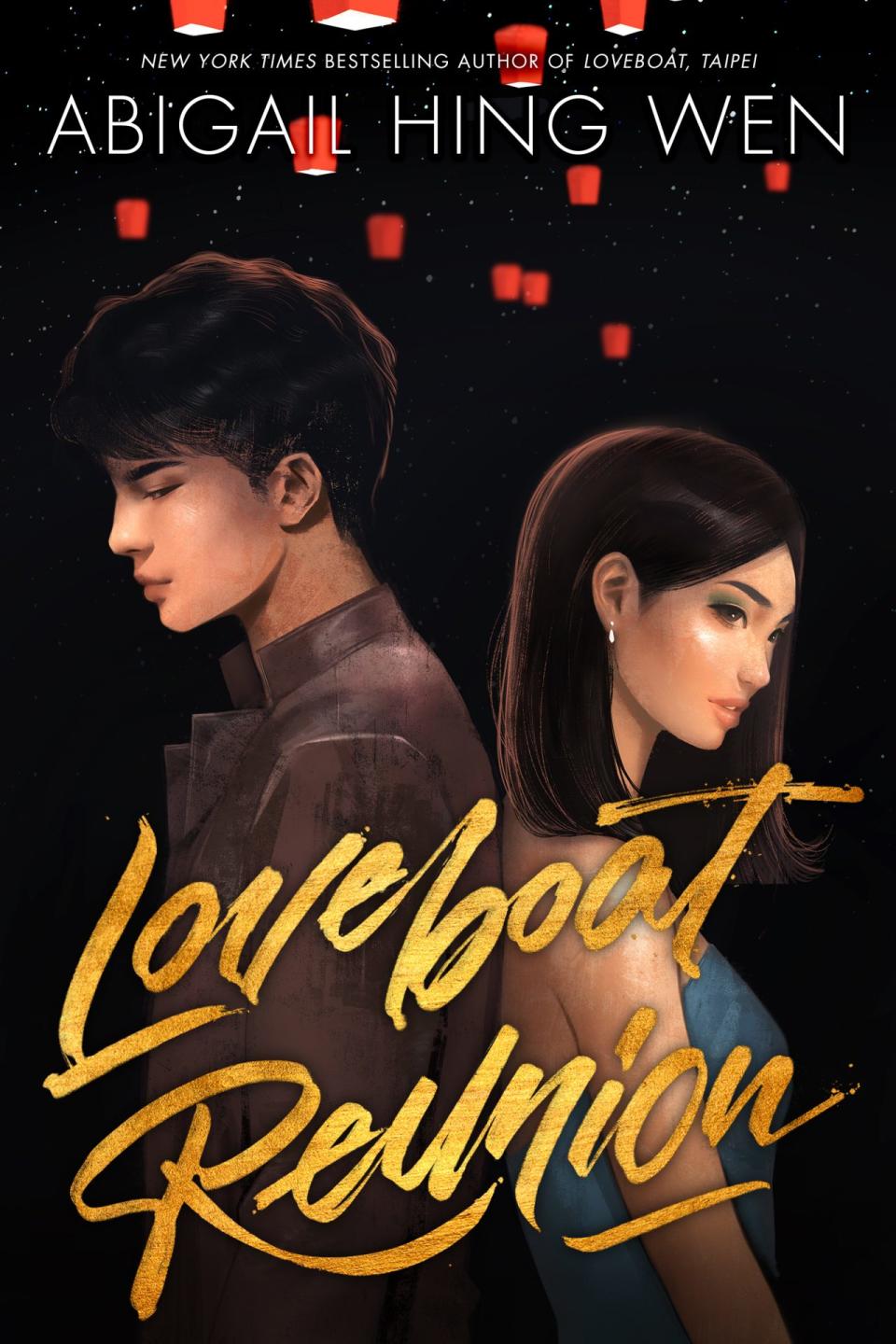 The painted cover of Loveboat Reunion shows a young Asian man and woman Xavier and Sophie backs to each other looking serious under them the title Loveboat Reunion