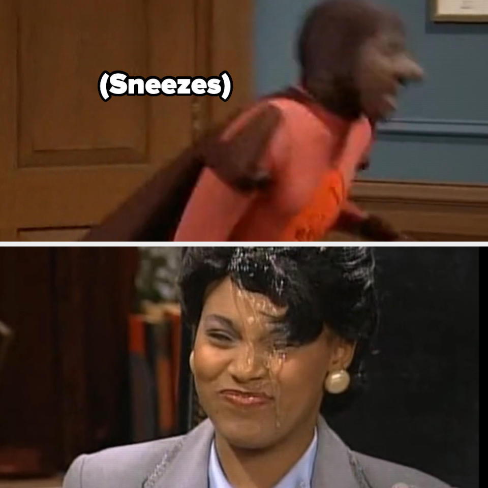 Two scenes from a comedy sketch show: top image shows a person mid-sneeze, bottom image shows a person splattered with the sneeze aftermath