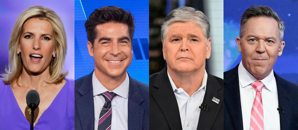 Fox News opinion hosts Laura Ingraham, from left, Jesse Watters, Sean Hannity and Greg Gutfeld. Watters replaced Tucker Carlson in the channel's primetime lineup.