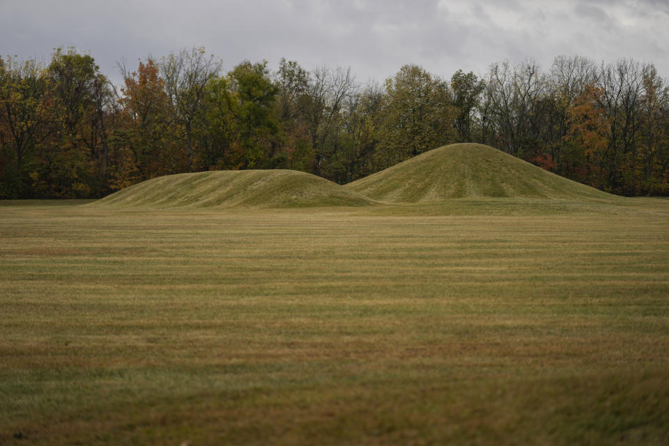 Mounds, of the Mound City Group, are seen at Hopewell Culture National Historical Park in Chillicothe, Ohio, Saturday, Oct. 14, 2023, before the Hopewell Ceremonial Earthworks UNESCO World Heritage Inscription Commemoration ceremony. A network of ancient American Indian ceremonial and burial mounds in Ohio noted for their good condition, distinct style and cultural significance, including Hopewell Culture National Historical Park, was added to the list of UNESCO World Heritage sites. (AP Photo/Carolyn Kaster)