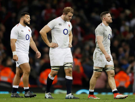 Rugby Union - Six Nations Championship - Wales v England - Principality Stadium, Cardiff, Britain - February 23, 2019 England's Ellis Genge, Joe Launchbury and Mark Wilson look dejected after the match Action Images via Reuters/Paul Childs