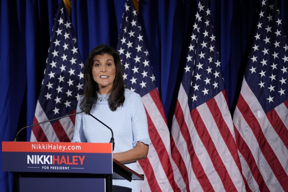 Republican presidential candidate, former ambassador to the United Nations Nikki Haley speaks about her abortion policy, Tuesday, April 25, 2023, in Arlington, Va. (AP Photo/Patrick Semansky)