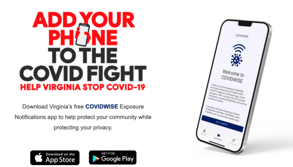 A screenshot of the Virginia Department of Health's COVIDWISE website.