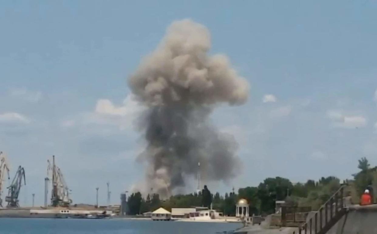 A view of an explosion in Berdyansk, Russian-controlled Ukraine - REUTERS