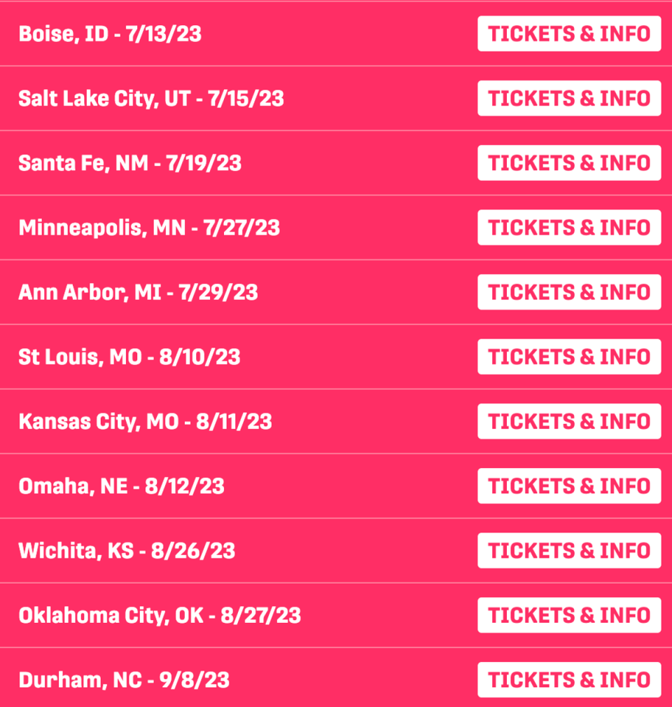 Ballinger’s previously listed tour dates, all of which now click through to cancelled links (Colleen Ballinger)