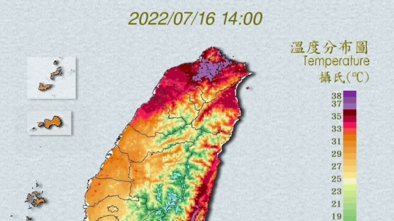 ▲全台熱到發瘋，台北市更出現紫爆，等於有38度以上的極端高溫。（圖／中央氣象局官網）