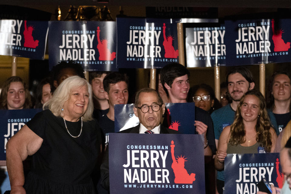 Rep. Jerry Nadler speaks during his election night victory party in the Democratic primary election, Tuesday, Aug. 23, 2022, in New York. Nadler won in New York's 12th Congressional District Democratic primary against Attorney Suraj Patel and Rep. Carolyn Maloney. (AP Photo/John Minchillo)