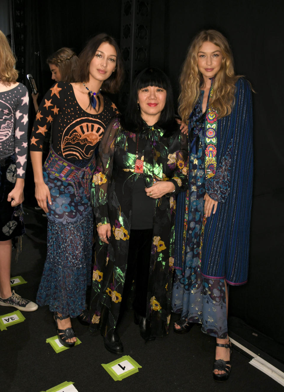 Bella Hadid, Anna Sui, Gigi Hadid backstage during the Anna Sui Spring 2018 Collection, held during NYFW at Skylight Clarkson Studios in New York City on Monday, September 11, 2017. (Photo by Elise Leclerc)